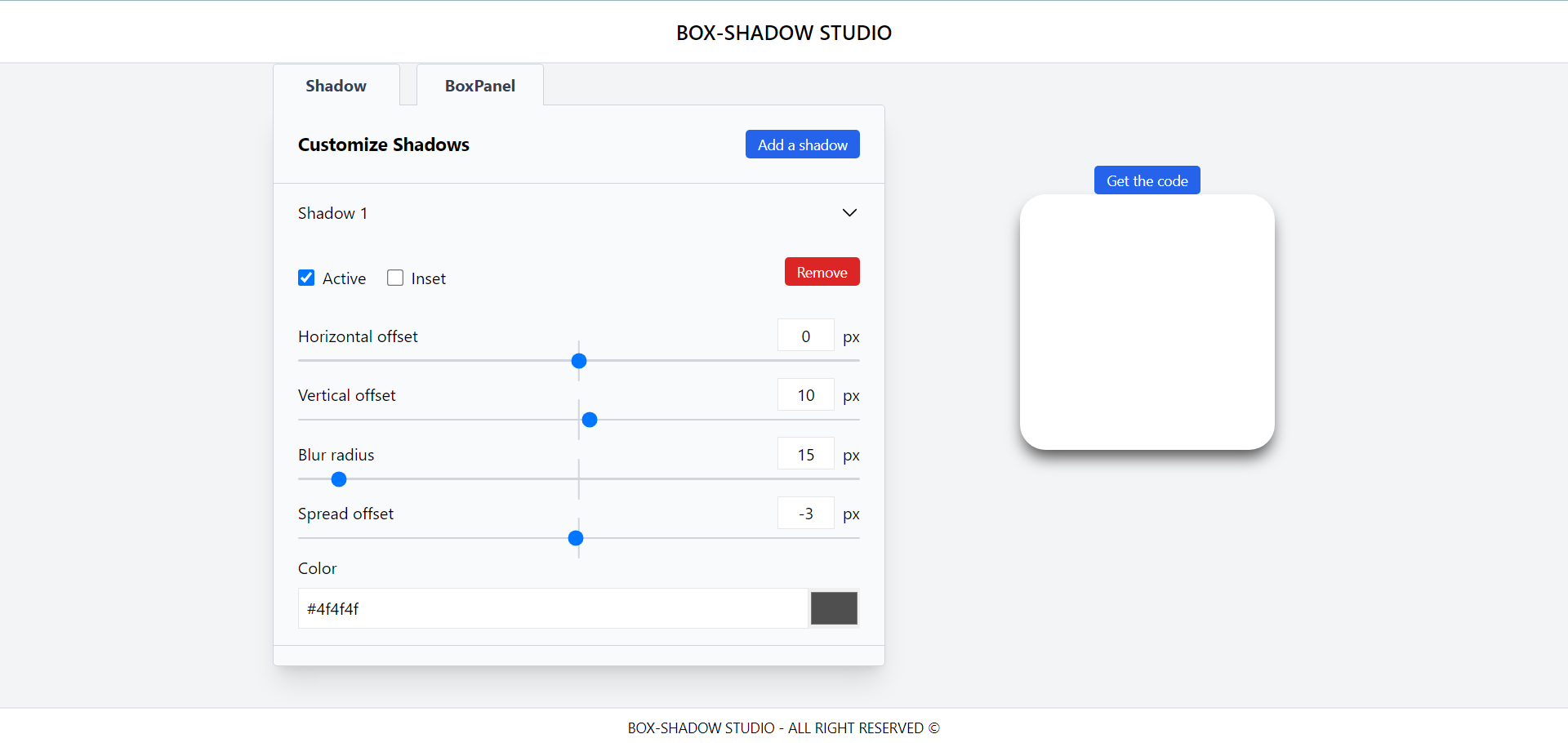 Interface utilisateur de Box-Shadow Studio