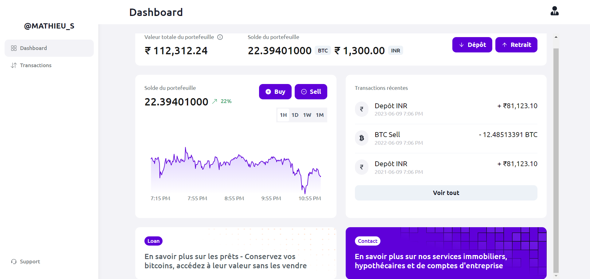 Aperçu du dashboard de crypto monnaie
