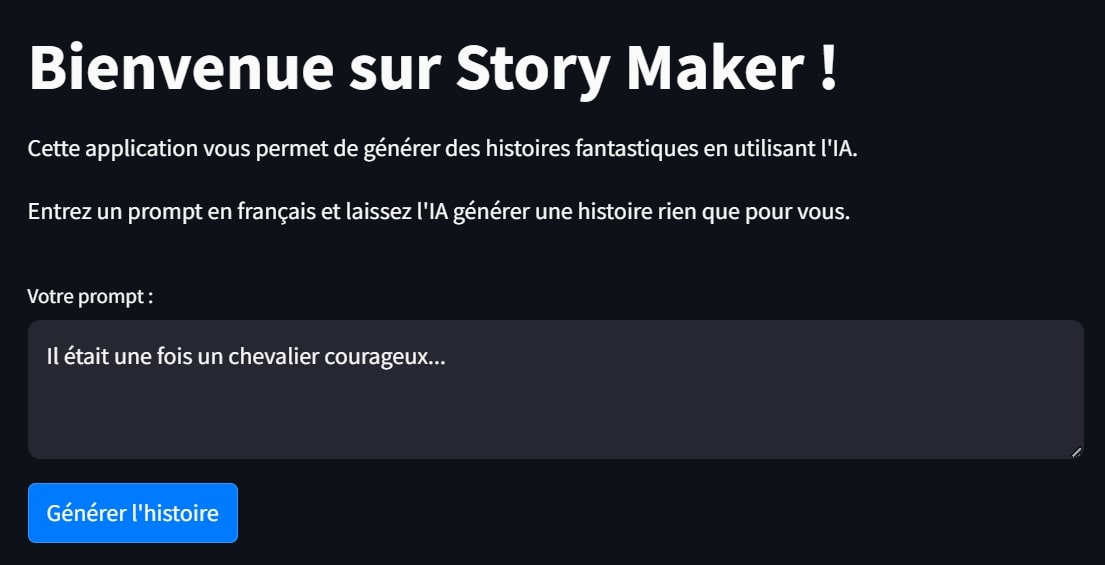 Capture de l'application StoryMaker en Streamlit